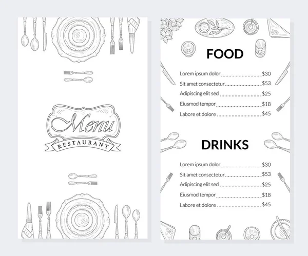 餐厅菜单模板，食品和饮料手册，饮料列表与价格手绘矢量插图 — 图库矢量图片