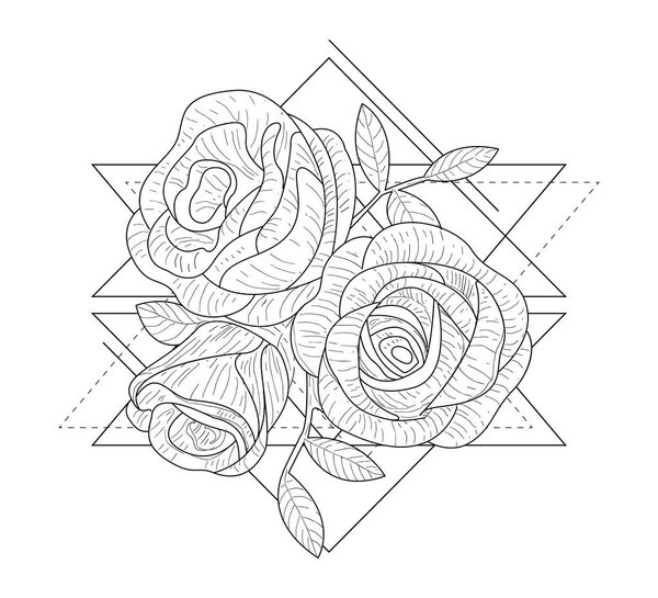 Rose Flowers in Triangle Geometrical Shapes Hand Drawn Monochrome Vector Illustration