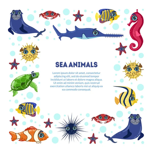 Metin yeri ile Deniz Hayvanları Afiş Şablonu, Sevimli Sualtı Deniz Canlıları Vektör İllüstrasyon — Stok Vektör
