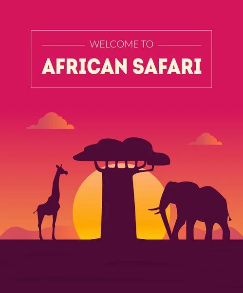 Witamy w African Safary banner szablon, piękny krajobraz ze zwierzętami sylwetki i Baobab drzewo na zachód słońca wektor ilustracji — Wektor stockowy