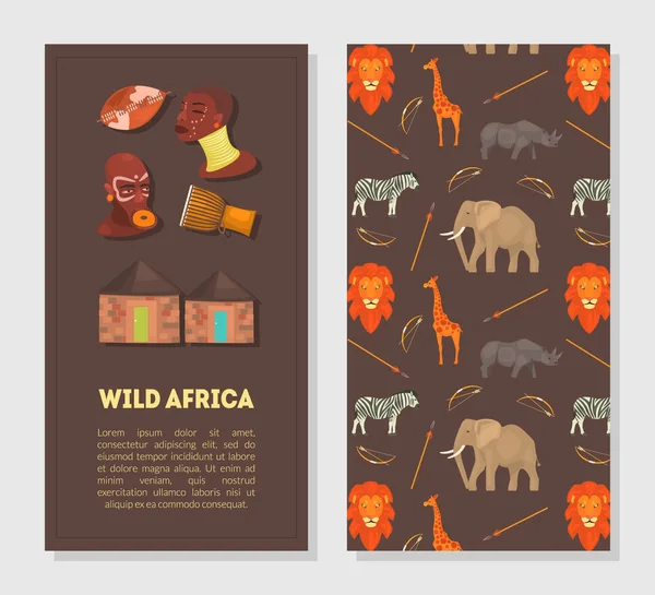 Dziki Afryka szablon banner z afrykańskimi zwierzętami, Aborygenów wzór symbole i Sace dla tekstu wektor ilustracji — Wektor stockowy