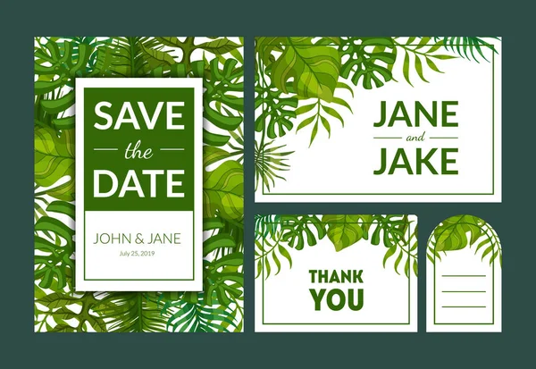 Save the Date, Elegant Wedding Invitation Templates Set, Thank You, Rsvp Cards with Green Exotic Tropical Leaves, Frame with Space for Text Vector Illustration — Stock Vector