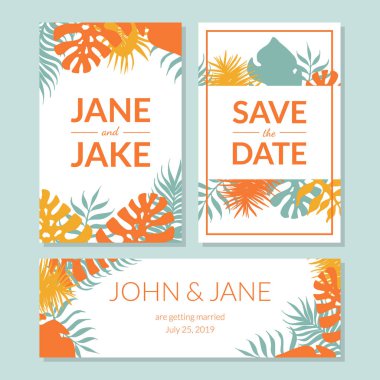 Egzotik Yaz Tropikal Yaprakları ile Set Tarih, Zarif Düğün Davetiyesi Şablonları Kaydet, Metin Vektör İllüstrasyon için Boşluk ile Çerçeveler