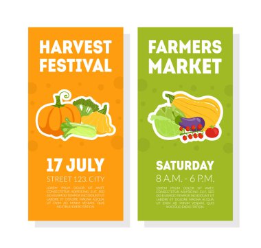Meyve Festivali Banner Şablonlar Ser, Vrgrtables Desen ve Metin Vektör İllüstrasyon için Yer ile Çiftçi Pazar Kartları