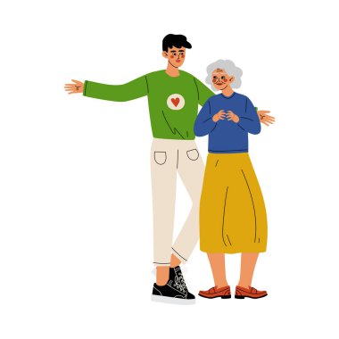 Erkek Gönüllü Yaşlı Lady, Sosyal İşçi, Gönüllülük, Charity ve Destekleyici İnsanlar Vektör İllüstrasyon Yardım