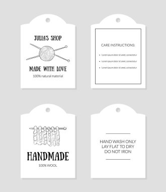 Bakım Talimatları Seti Tek Renkli El Çizimli Vektör İllüstrasyon ile Aşk Kağıt Etiketleri ile El Yapımı