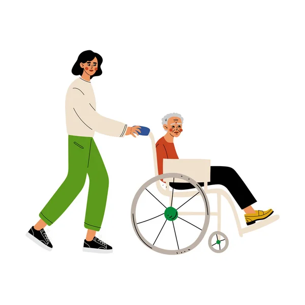 Mujer anciana discapacitada en silla de ruedas, Voluntario masculino ayudándola, Trabajador social, Voluntariado, Caridad y personas de apoyo Vector Illustration — Archivo Imágenes Vectoriales