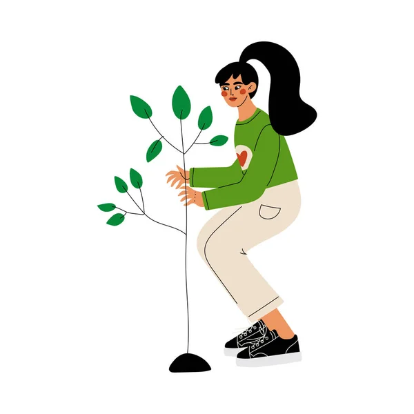 Jardinería de Niñas y Plantación de Plántulas de Árbol, Voluntariado Trabajando en Jardín o Granja, Voluntariado, Estilo de Vida Ecológico Vector Illustration — Archivo Imágenes Vectoriales