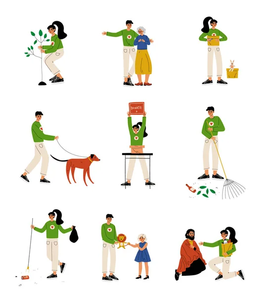 Volunteers Helping Elderly, Homeless People, Animals, Planting Trees and Gathering Garbage Set, Volunteering, Charity and Supporting People Vector Illustration Royalty Free Stock Illustrations