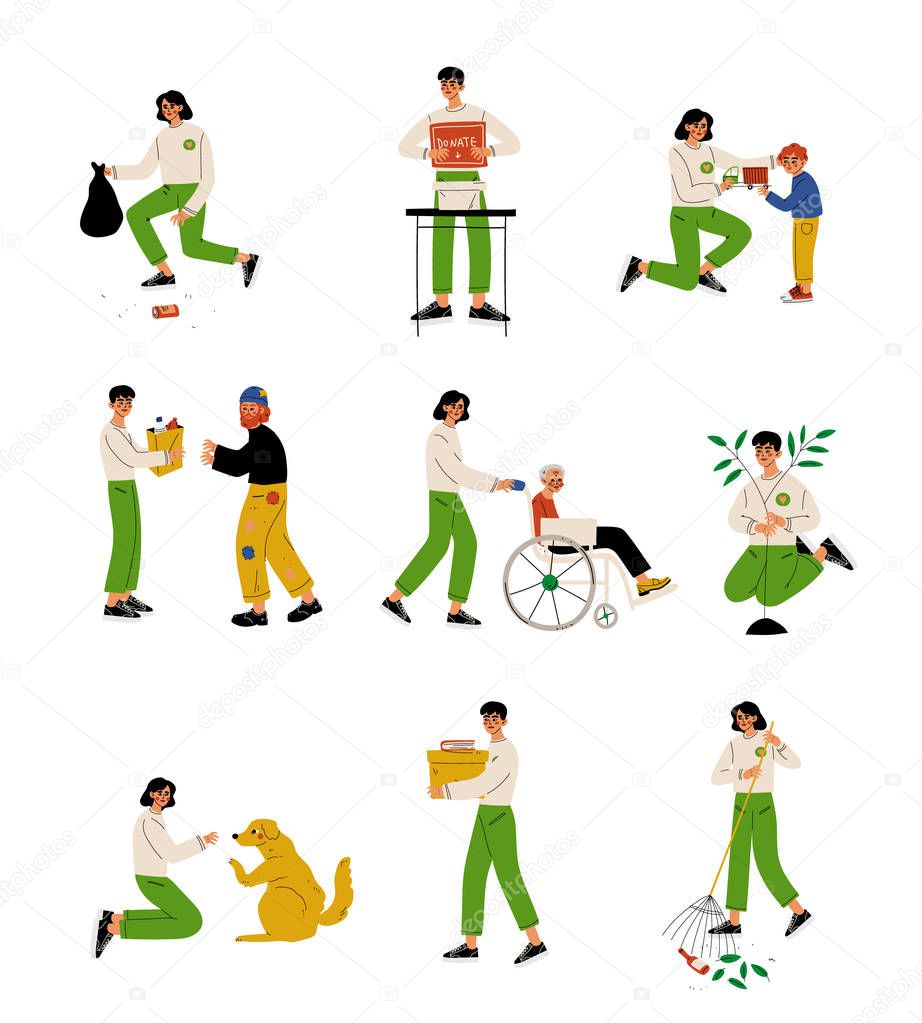 Volunteers Helping People, Animals, Planting Trees and Gathering Garbage Set, Volunteering, Charity and Supporting People Vector Illustration
