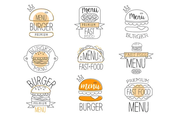 Hamburger Street Food promo etiketten collectie. Fast Food van Premium kwaliteit reclame Sign set. Lichte kleur plat schattig illustratie — Stockvector