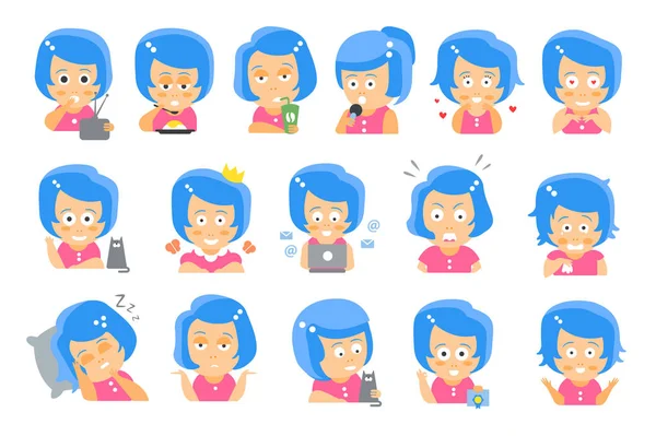 Little blue Head Girl Cute Portrait Icons — Stock Vector