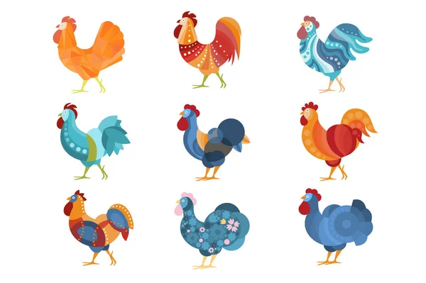 Rooster Similar Drawings Set Colored In Different Styles