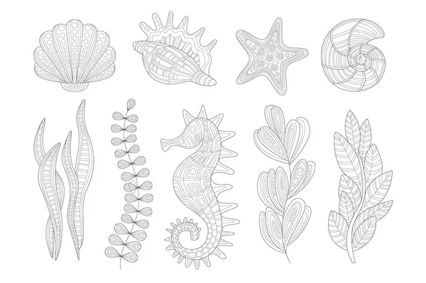 Onderwater natuur Set volwassen Zentangle boekillustratie kleurplaten — Stockvector