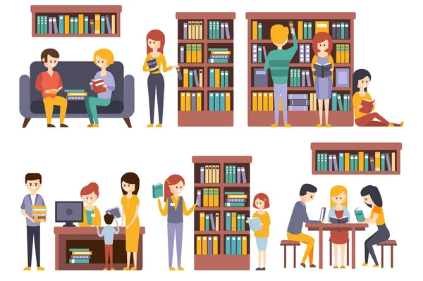 Library And Bookstore With People REading Choosing Books — Stock Vector