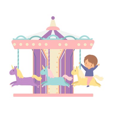 Sevimli Little Boy Atları veya Merry Go Yuvarlak ile Carousel sürme, Happy Kid Eğlence Parkı Vektör İllüstrasyon Fun having