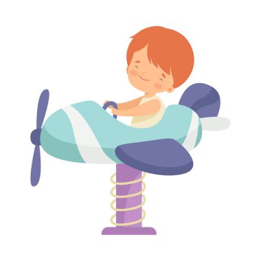 Sevimli Boy Sürme Bahar Uçak Testere, Happy Kid Eğlence Parkı Vektör İllüstrasyon Eğlenmek