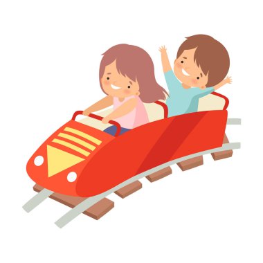 Sevimli Erkek ve Kız Roller Coaster Araba Sürme, Happy Kid Eğlence Parkı Vektör İllüstrasyon Eğlenmek