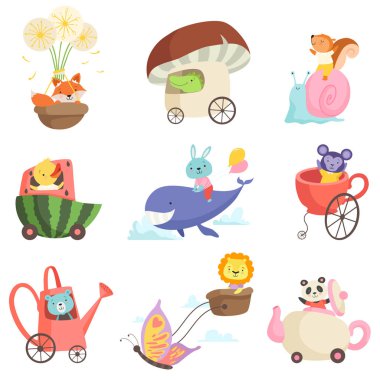 Taşıma Seti Sevimli Bebek Hayvanlar, Tilki, Timsah, Sincap, Tavuk, Bunny, Ayı, Aslan, Maymun, Panda Bear Sürme, Uçan ve Fantastik Ulaşım Vektör İllüstrasyon tarafından Yüzme