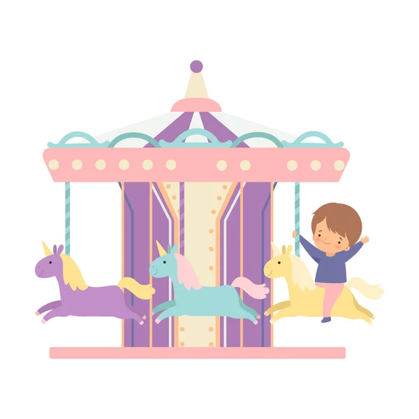 Cute Little Boy Riding at Carousel with Horses or Merry Go Round, Happy Kid Having Fun in Amusement Park Vector Illustration — Stock Vector
