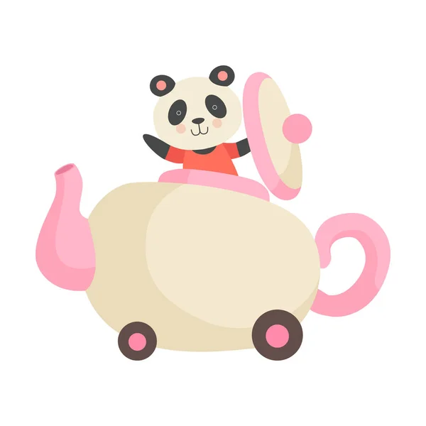 Söt liten Panda Bear Ridningbil gjord av keramik tekanna, rolig bedårande djur i transport vektor illustration — Stock vektor