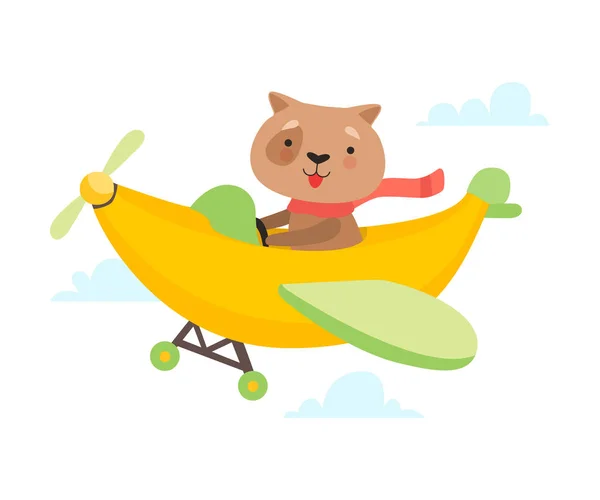 Cute Dog Flying on Airplane Made of Banana, Funny Adorable Animal in Transport Vector Illustration — Stock Vector