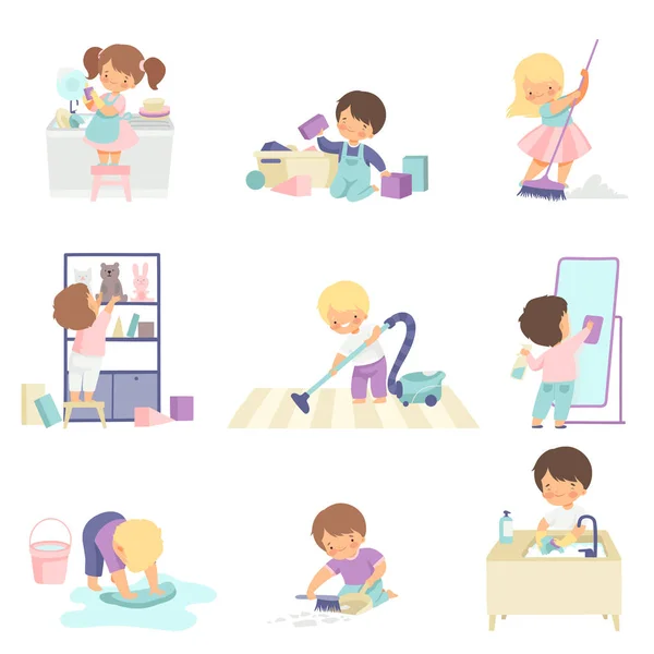 Lindos niños adorables haciendo tareas domésticas en el hogar, lindos niños pequeños y niñas lavando piso, platos, limpiando juguetes Vector Illustration — Archivo Imágenes Vectoriales