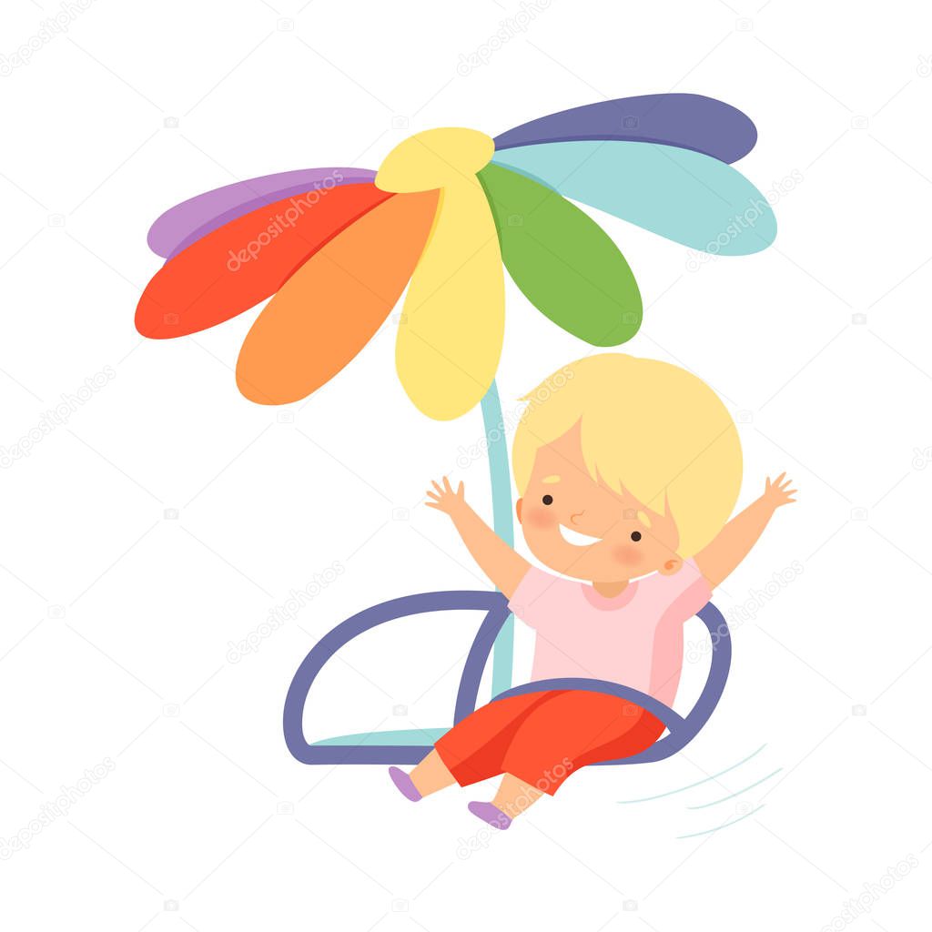 Cute Happy Kid Swinging at Carousel, Happy Boy Having Fun in Amusement Park Vector Illustration
