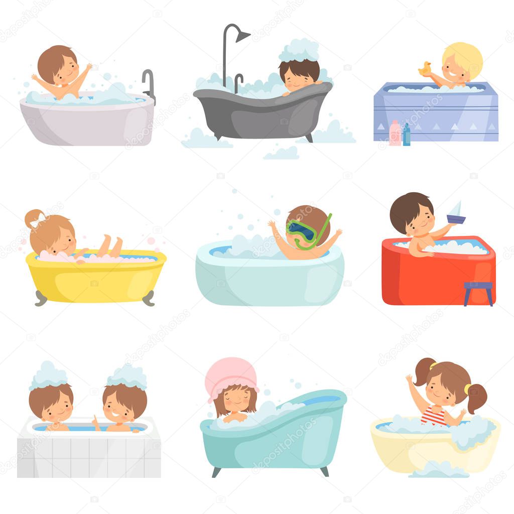 Cute Little Kids Bathing and Having Fun in Bathtub Set, Adorable Boys and Girls in Bathroom, Daily Hygiene Vector Illustration