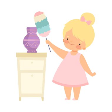 Duster Temizleme Vazo ile Sevimli Küçük Kız, Adorable Kid Evde Vektör İllüstrasyon Ev İşleri Yapıyor