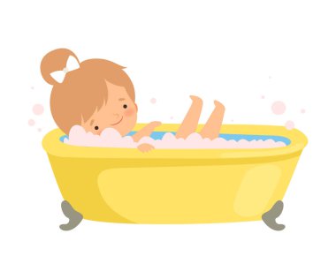 Köpük Dolu Küvette Banyo Yaptıran Sevimli Küçük Kız, Banyoda Sevimli Çocuk, Günlük Hijyen Vektör İllüstrasyonu