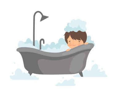 Köpük ile Banyo Alma Sevimli Boy, Banyoda Sevimli Küçük Çocuk, Günlük Hijyen Vektör İllüstrasyon