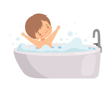 Sevimli Mutlu Küçük Çocuk Köpük Dolu Küvette Banyo Yapıyor, Banyoda Sevimli Çocuk, Günlük Hijyen Vektör İllüstrasyonu