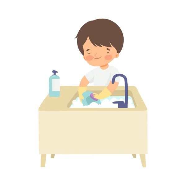 Piatti di lavaggio del ragazzo sveglio, bambino adorabile che fa faccende domestiche a casa illustrazione vettoriale — Vettoriale Stock