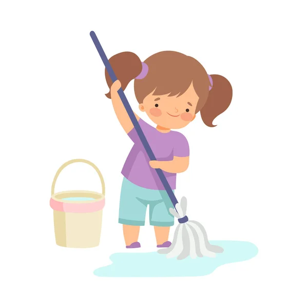 Cute Girl Mencuci Lantai dengan Bucket dan Mop, Anak Mengagumkan Melakukan Pekerjaan Rumah Tangga di Ilustrasi Vektor Rumah - Stok Vektor