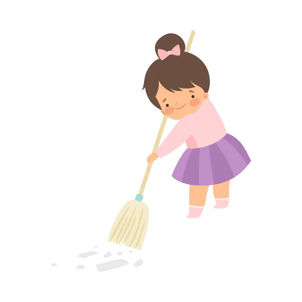 Graziosa bruna bambina spazzare il pavimento con la scopa a casa, adorabile ragazzo fare faccende domestiche a casa vettoriale illustrazione — Vettoriale Stock