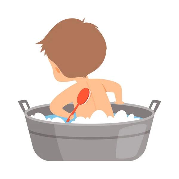 Boy mosás magát kefével Vintage fürdőkád teljes hab, vissza megtekintése, imádnivaló Little Kid a fürdőszobában, napi higiéniai vektor illusztráció — Stock Vector