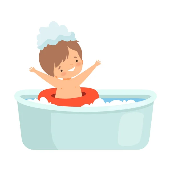 Schattig jongen nemen bad en spelen met Lifebuoy, schattig klein kind in de badkamer, dagelijkse hygiëne vector illustratie — Stockvector