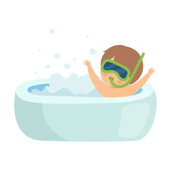 Schattig jongen nemen bad en spelen met snorkel masker in Bad vol schuim, schattig Kid in badkamer, dagelijkse hygiëne vector illustratie — Stockvector