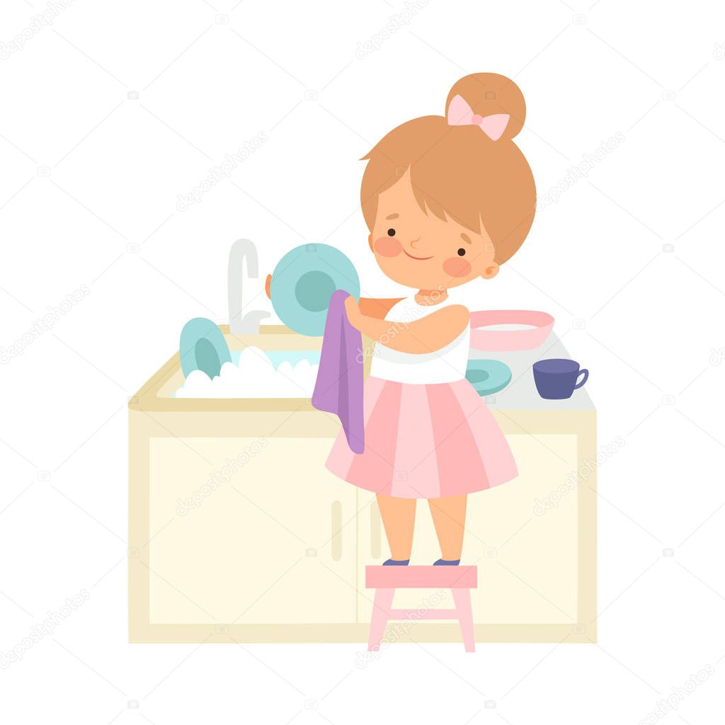 Cute Little Girl Standing on Chair and Washing Dishes, Adorable Kid Doing Housework Chores at Home Vector Illustration