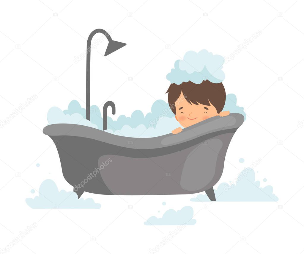 Cute Boy Taking Bath with Foam, Adorable Little Kid in Bathroom, Daily Hygiene Vector Illustration