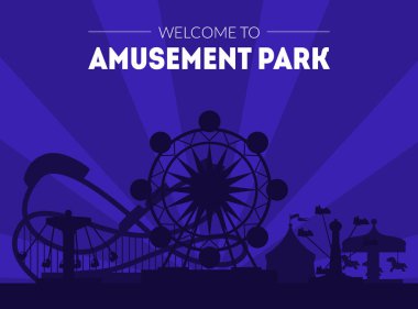 Hoşgeldiniz eğlence parkı banner şablon, gece karnaval Funfair poster ile dönme dolap ve roller coaster silüetler Park cazibe vektör Illustration