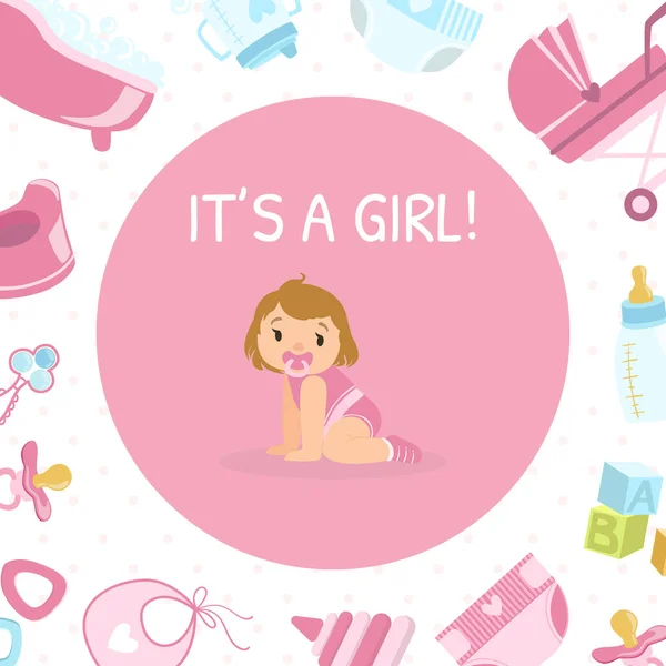 Sua menina, modelo de banner de convite para chá de bebê, cartão rosa com linda menina e símbolos de bebê recém-nascidos ilustração de vetor de padrão sem costura —  Vetores de Stock