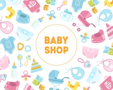 Bebek dükkanı banner şablon, çocuk mağaza Badge yenidoğan bebek sembolleri ile Dikişsiz desen vektör Illustration