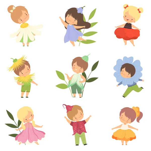 Lindos niños pequeños y felices que usan conjuntos de disfraces de flores, adorables niños y niñas en ropa colorida de carnaval Vector Illustration — Archivo Imágenes Vectoriales