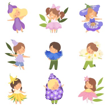 Sevimli mutlu küçük çocuklar giyen çiçekler kostümleri set, sevimli erkek ve kızlar Karnaval giyim vektör Illüstrasyon