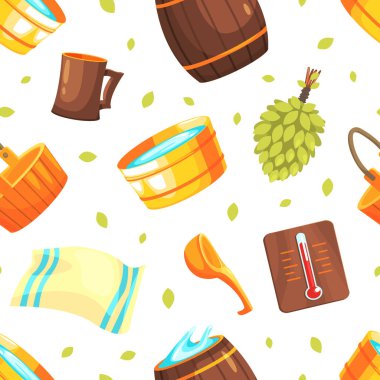 Bathhouse Dikişsiz desen, Sauna Ekipmanları tasarım elemanı duvar kağıdı, ambalaj, arka plan vektör Illustration için kullanılabilir