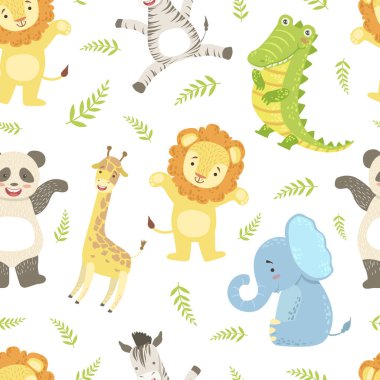 Sevimli Afrika hayvanları çocukça Dikişsiz desen, zürafa, aslan, fil, timsah, panda ayı, zebra, tasarım elemanı duvar kağıdı, ambalaj, arka plan vektör Illustration için kullanılabilir