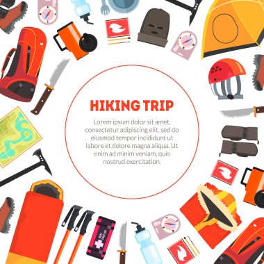 Yürüyüş gezisi Banner metin ve Expedition ekipman deseni, kamp ve dağcılık aksesuarları vektör Illustration için yer ile şablon