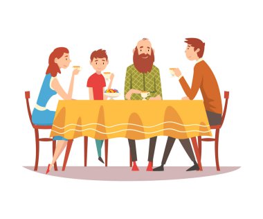 Aile mutfak masasında oturma, çay Içme ve birbirlerine konuşan, mutlu ebeveynler, çocuklar ve büyükbaba birlikte yeme vektör Illustration
